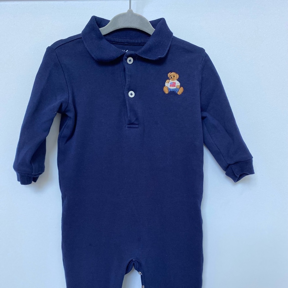 Ralph Lauren Embroidery Polo Bear Overall. Size 6M. Navy Blue.